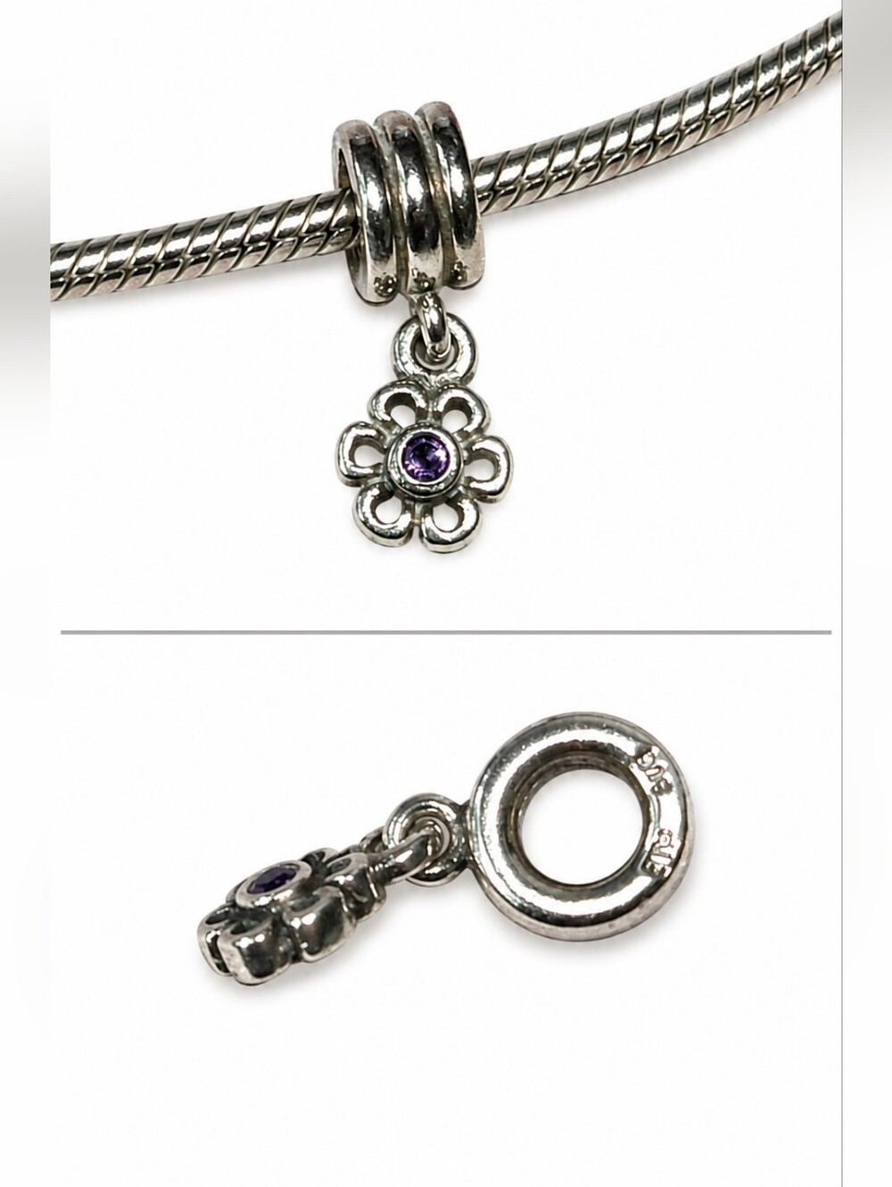 Vintage Pandora SS Dangle Flower Charm with Purple Gem Charm.